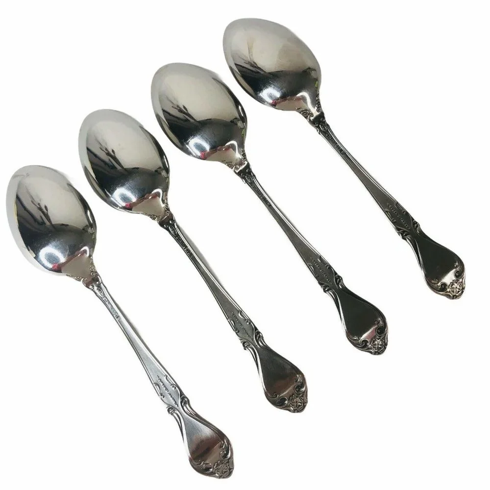4 Lyon International Queens Fancy Soup Spoons Oval‎ Stainless Flatware Satin VTG